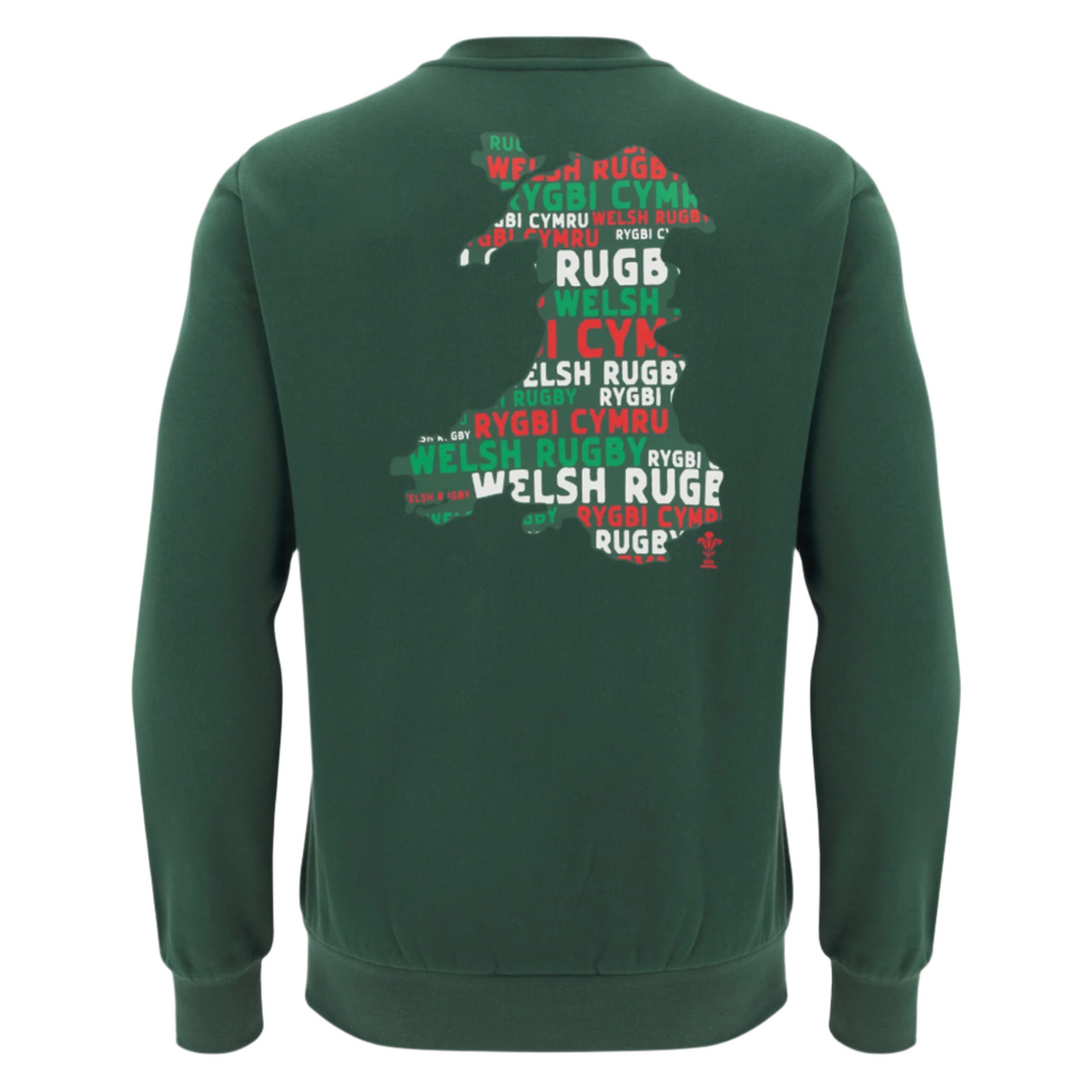 Show your pride with the Wales 25/26 Country Outline Fan Sweatshirt by Macron—a green rugby fan top featuring a vibrant map of Wales on the back, filled with phrases like "Welsh Rugby," "Rygbi Cymru," and "Rugby" in bold colors.