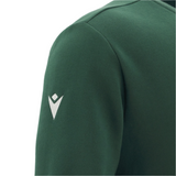 Close-up of the Wales 25/26 Country Outline Fan Sweatshirt by Macron, showing a green sleeve with a small white logo on the upper arm against a plain background—a stylish pick for any rugby supporter.
