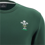 The Wales 25/26 Country Outline Fan Sweatshirt by Macron features a green design, iconic WRU three white feathers and text, and a Macron label inside the collar—ideal for any rugby supporter.