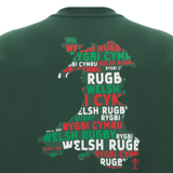 Show your Welsh rugby pride with the Macron Wales 25/26 Country Outline Fan Sweatshirt, featuring a green design and a map of Wales on the back, filled with "WELSH RUGBY" and "RYGBI CYMRU" text in white, red, and green.