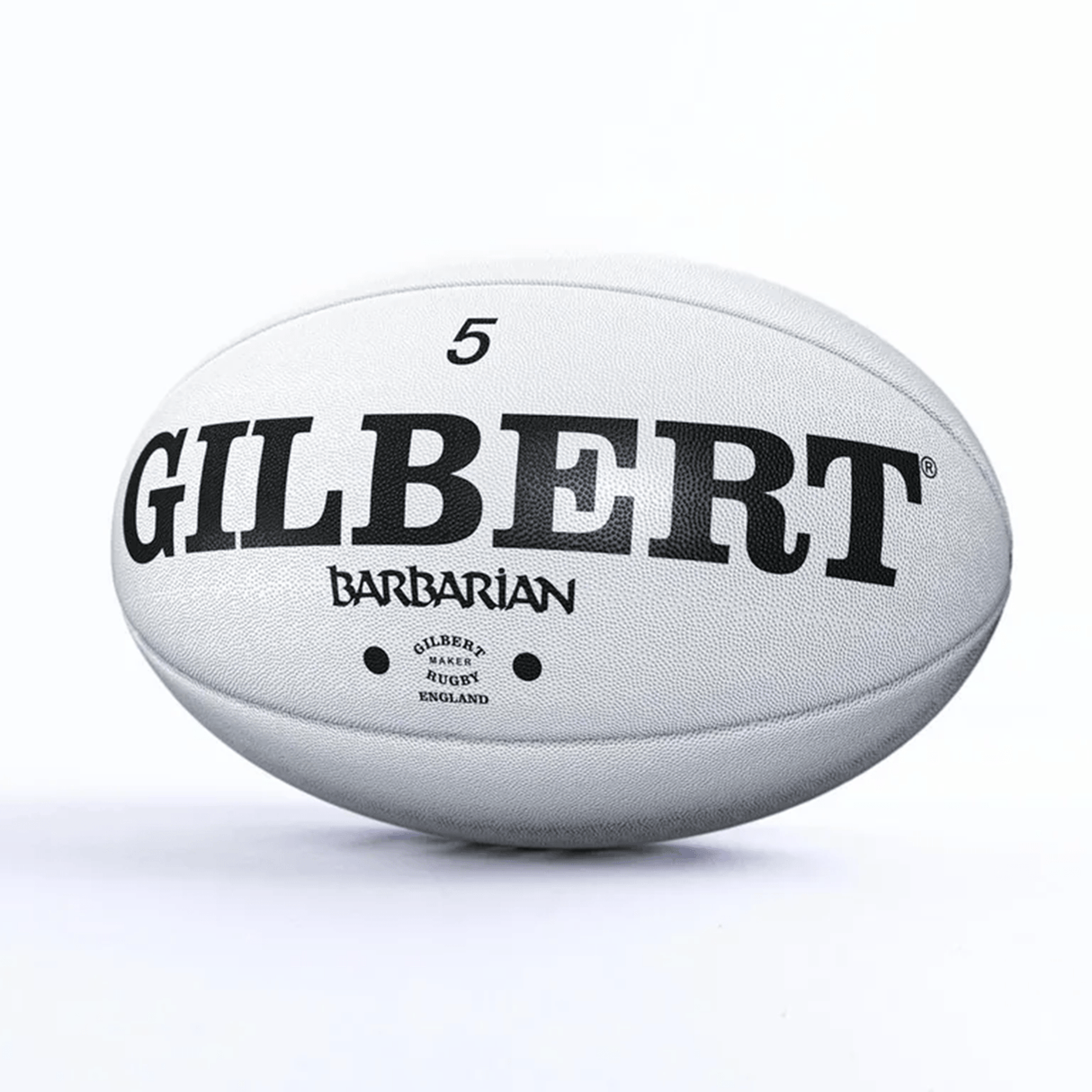 A white Gilbert Original Barbarian Match Ball with the brand name Gilbert on it.