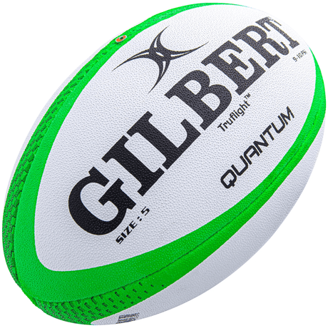 The Gilbert Quantum Sevens Rugby Match Ball by Gilbert is a white and green official match rugby ball featuring black text and the word “Truflight” printed on the side, designed specifically for the fast-paced action of rugby 7s games.