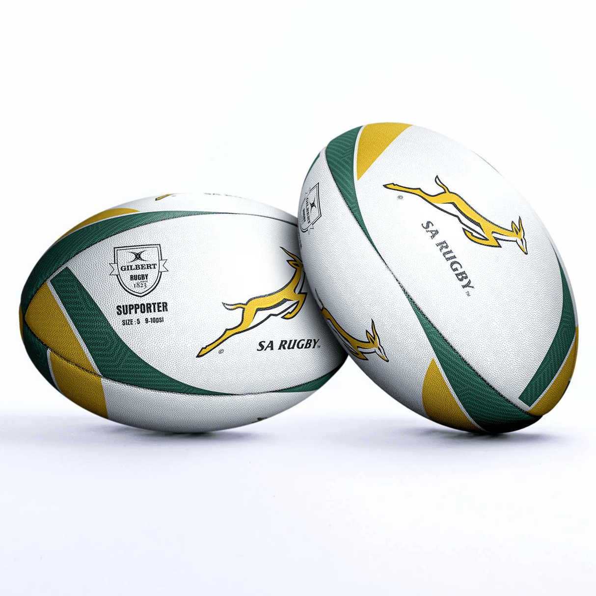 Two South Africa Springboks Supporters Balls by Gilbert, featuring the SA Rugby logo, with green and yellow accents, and text indicating they are supporter size. These Gilbert balls are perfect for any Springboks Supporters Ball collection.
