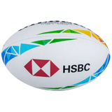 A high-quality hand-stitched rugby ball with HSBC World Rugby 7s Series Replica Ball by Gilbert logo and colorful geometric patterns.