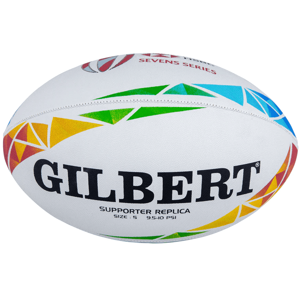 A close-up of a high-quality hand-stitched, colorful Gilbert rugby ball marked as a supporter replica from the HSBC World Rugby 7s Series Replica Ball by Gilbert.