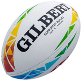 A Gilbert HSBC World Rugby 7s Series Replica Ball with colorful geometric patterns on a white background, perfect for rugby fan memorabilia.
