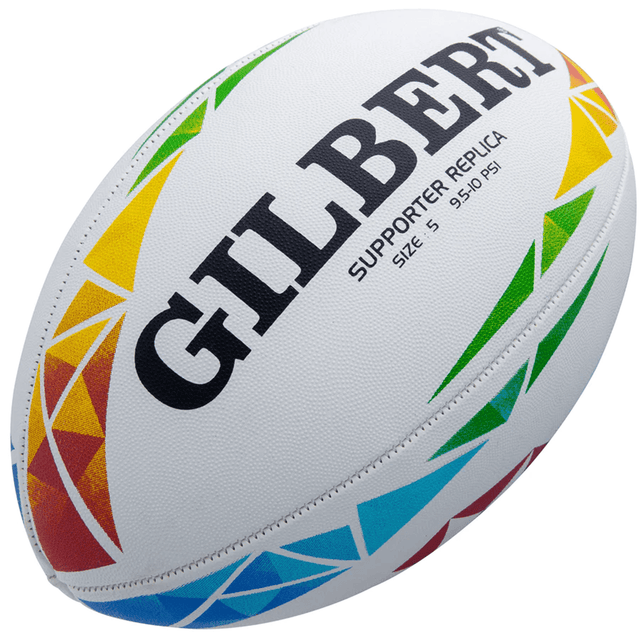 A Gilbert HSBC World Rugby 7s Series Replica Ball with colorful geometric patterns on a white background, perfect for rugby fan memorabilia.