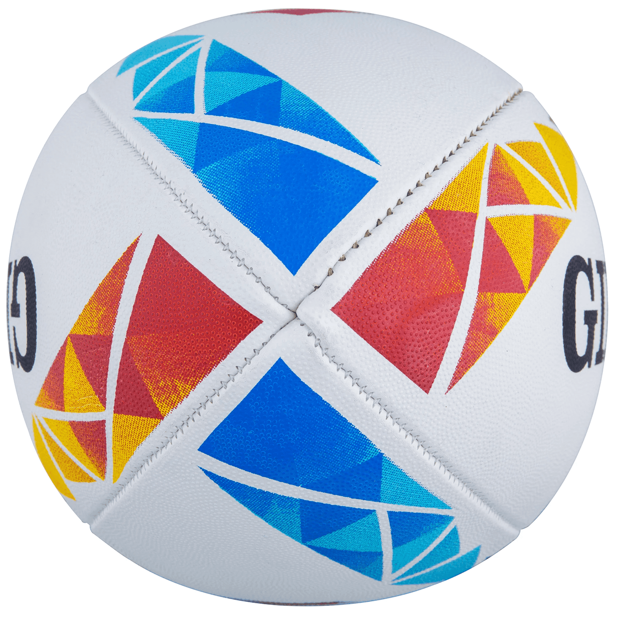 Multicolored geometrical pattern on a high-quality, hand-stitched HSBC World Rugby 7s Series Replica Ball by Gilbert.