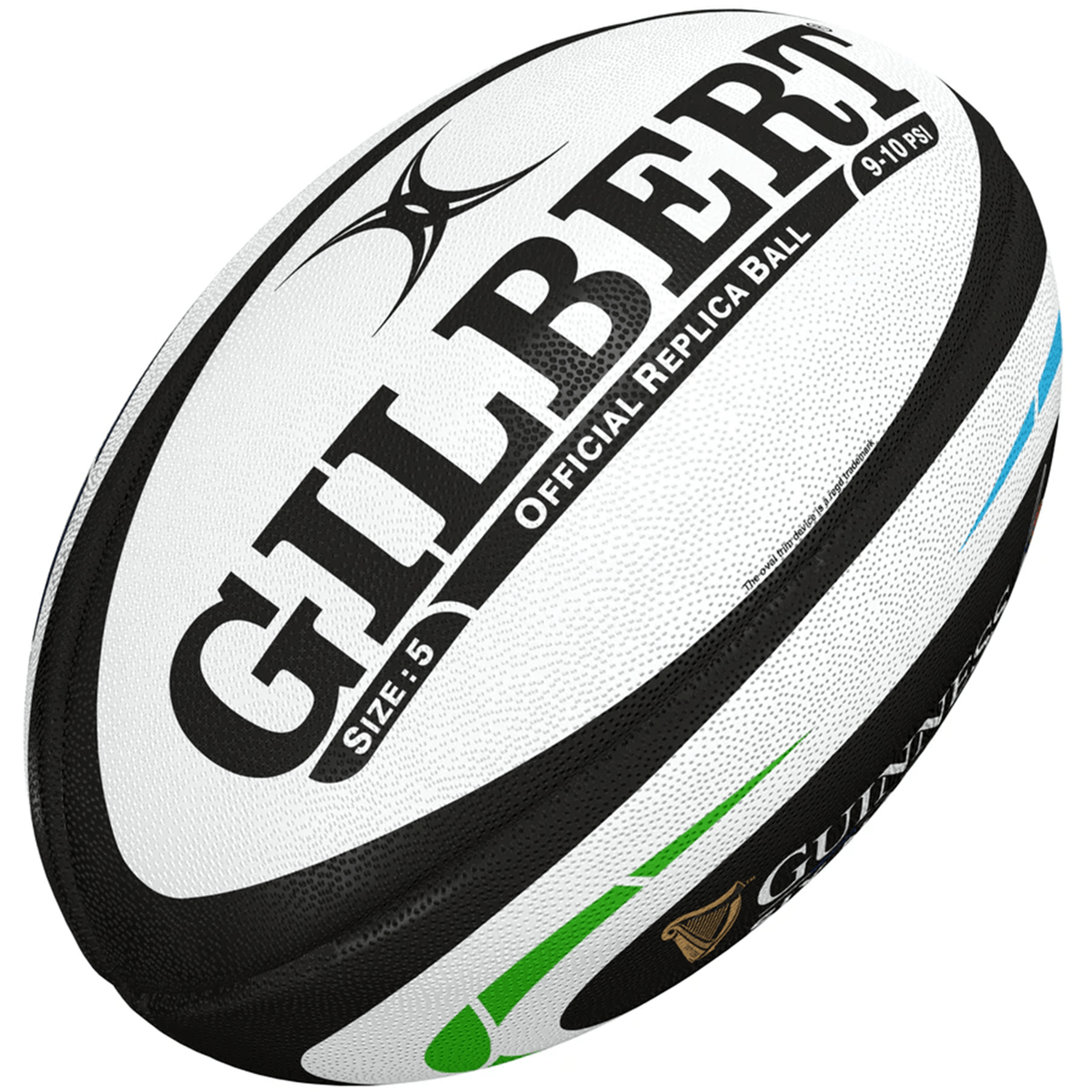 A Guinness Six Nations Replica Ball by Gilbert with the word Gilbert on it, representing rugby history.