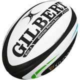 A Guinness Six Nations Replica Ball by Gilbert with the word Gilbert on it, representing rugby history.