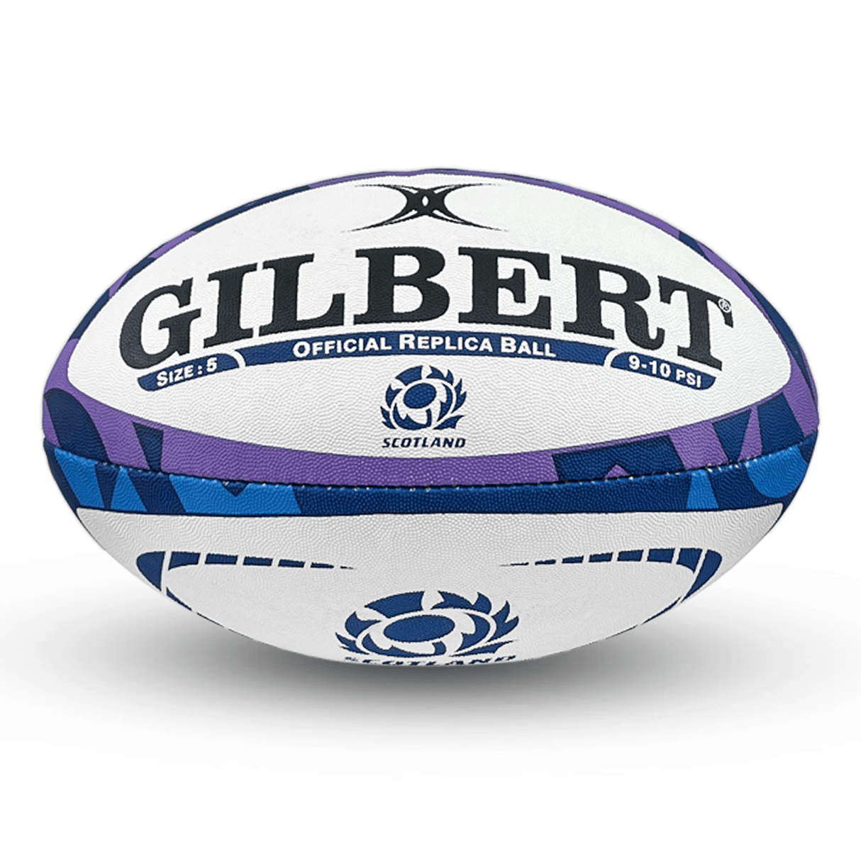 A Scotland Rugby Union Replica Ball by Gilbert featuring the word Gilbert, endorsed by the Scotland Rugby Union.
