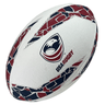 A white USA Supporters Ball by Gilbert featuring red and blue geometric patterns with the "USA Rugby" logo and text.