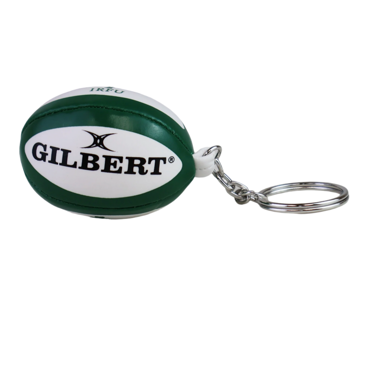 Show your support for Ireland rugby with the Ireland IRFU Ball Keyring by Gilbert, featuring a small green and white ball and "GILBERT" branding—a perfect accessory for any fan.