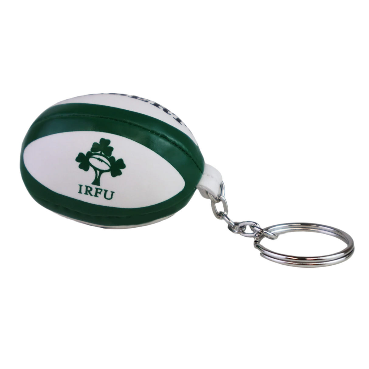 The Ireland IRFU Ball Keyring by Gilbert is a rugby ball-shaped keyring featuring the "IRFU" and shamrock logo—an ideal supporter accessory or gift for rugby fans.