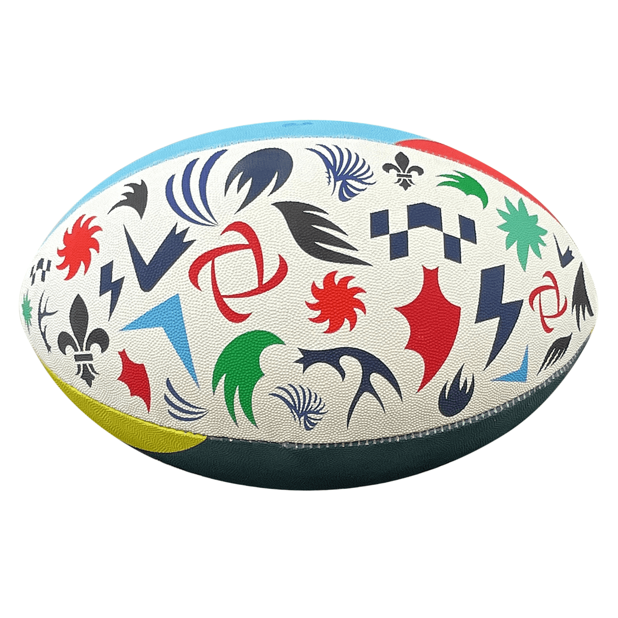 A United Rugby Championship 23/24 Supporters Ball by Gilbert with colorful patterns and emblems from the United Rugby Championship.
