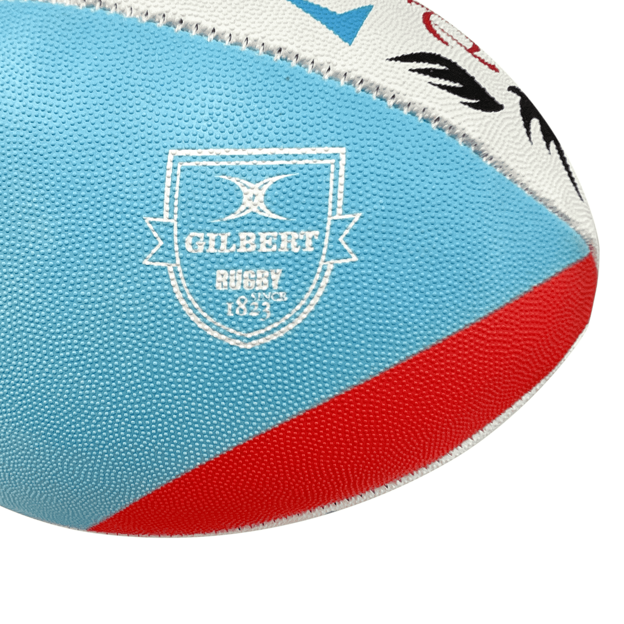Close-up of a United Rugby Championship 23/24 Supporters Ball by Gilbert with branding visible against a white background.