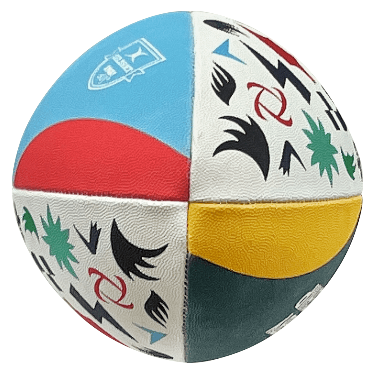 A multicolored spherical United Rugby Championship 23/24 Supporters Ball by Gilbert with various United Rugby Championship flag designs printed on its panels, making it a coveted piece of rugby memorabilia.
