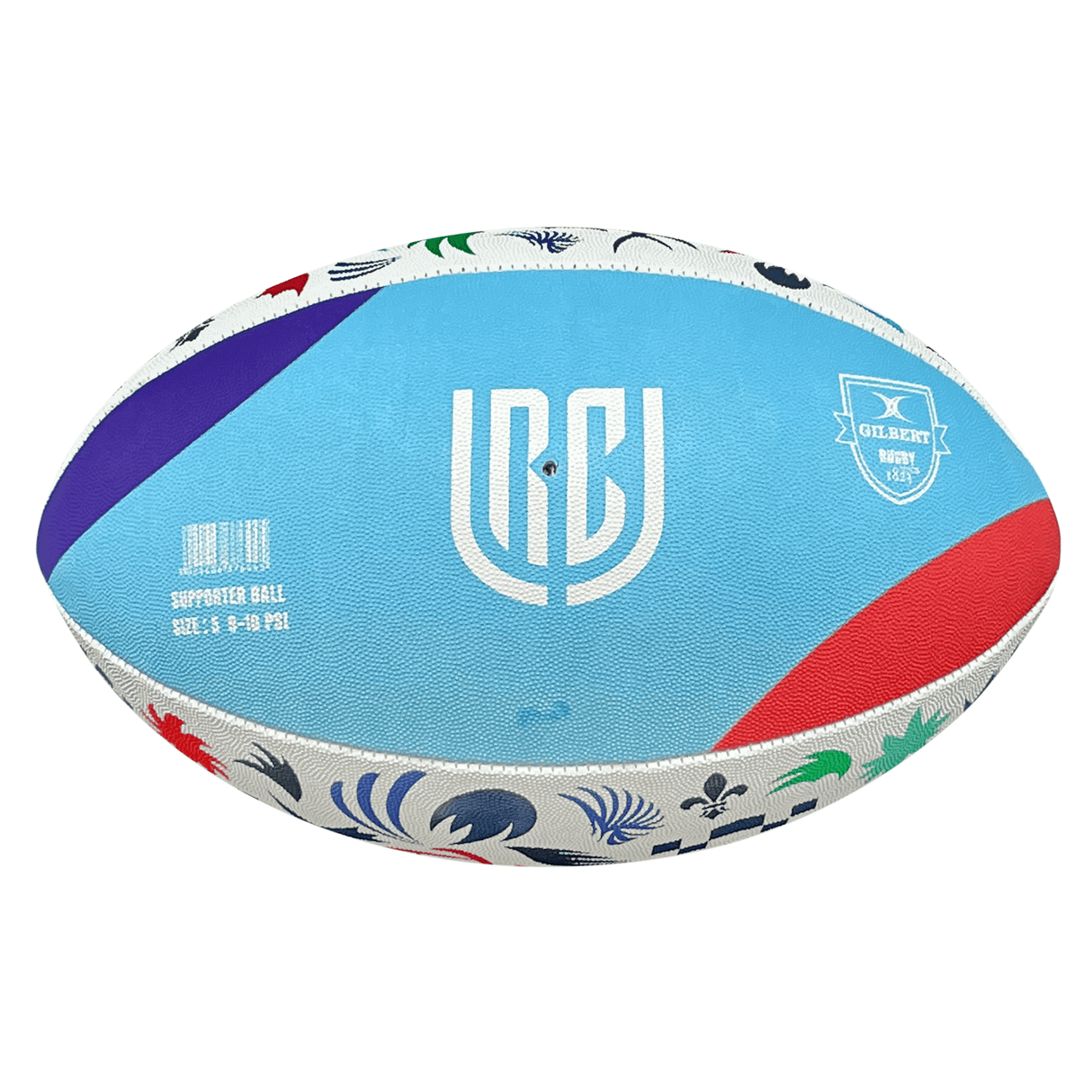 A rugby memorabilia ball featuring the logo of the United Rugby Championship and colorful patterns would be the United Rugby Championship 23/24 Supporters Ball by Gilbert.