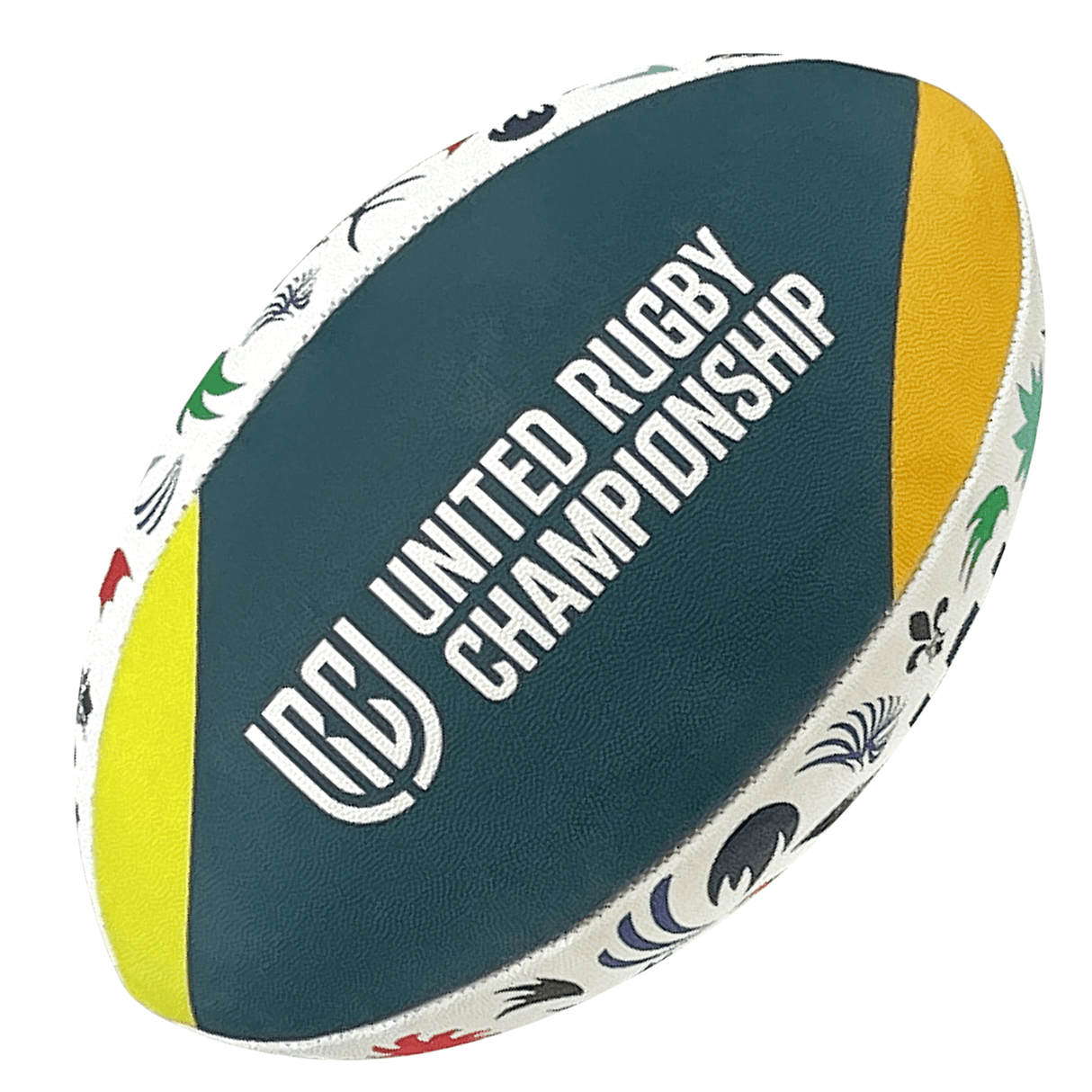 Official United Rugby Championship 23/24 Supporters Ball by Gilbert with team emblems on a white background.