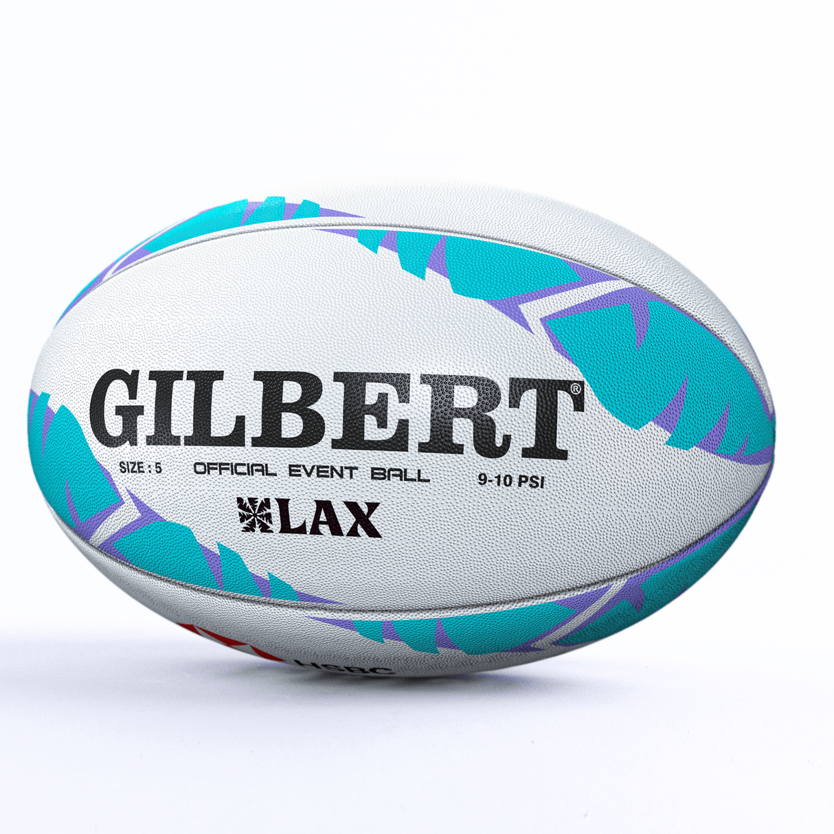 A Gilbert HSBC SVNS 24 Los Angeles Supporters Ball by Gilbert with teal and purple accents, labeled "Official Event Ball" and "LAX," positioned against a white background, epitomizes the spirit of the Los Angeles Supporters Ball.