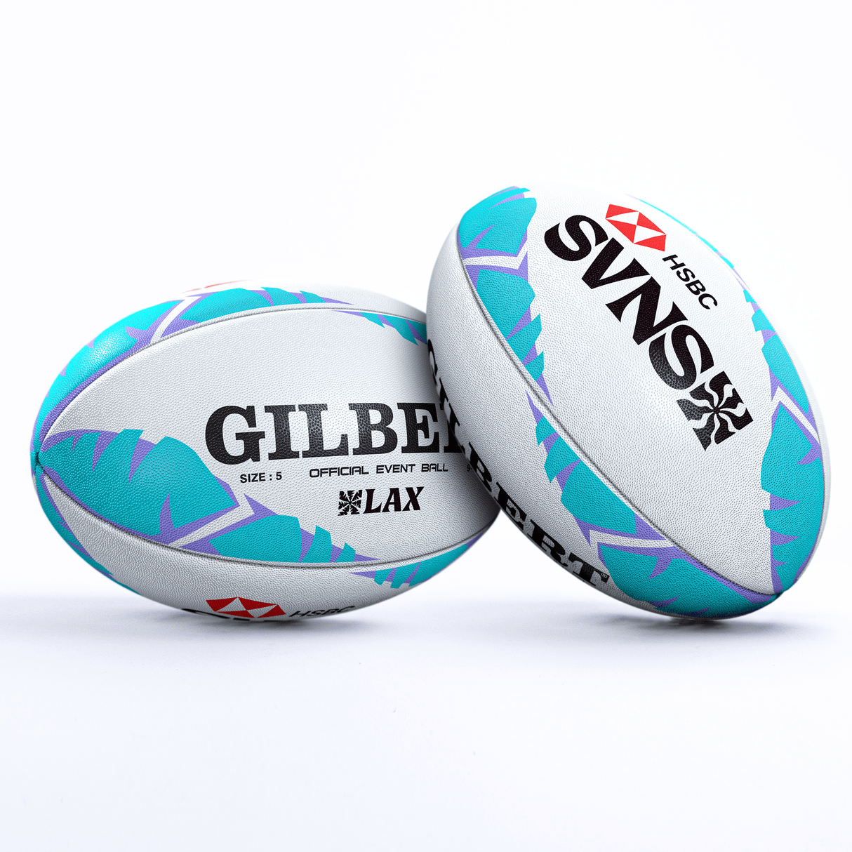 Two official Gilbert HSBC SVNS 24 Los Angeles Supporters Balls by Gilbert with "HSBC SVNS 24" branding and blue-green leaf patterns, placed side by side against a white background, reminiscent of the Los Angeles Supporters Ball.
