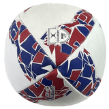 A white rugby ball with a blue, red, and navy geometric pattern featuring the Gilbert logo and text "SUPPORTER" and "IBRA-2," this England Supporters Ball by Gilbert is perfect for fans.