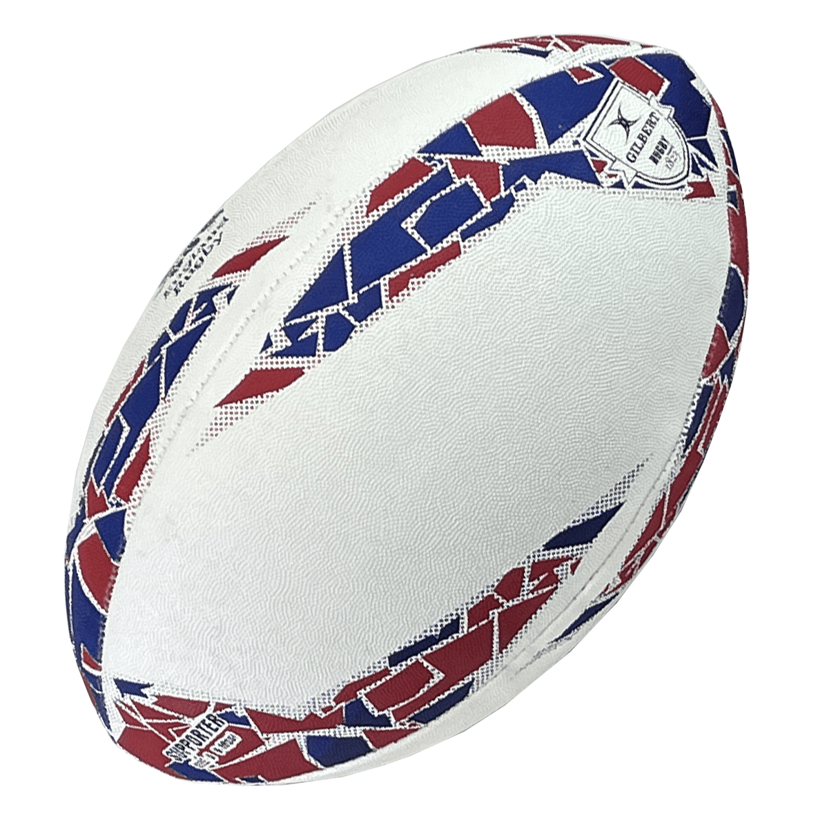 A white England Supporters Ball by Gilbert with red and blue geometric patterns and logos, perfect for any England Rugby supporter.