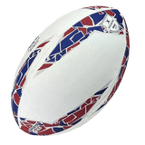 A white England Supporters Ball by Gilbert with red and blue geometric patterns and logos, perfect for any England Rugby supporter.