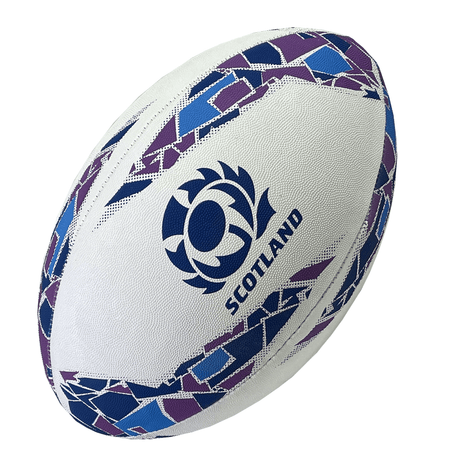 A white Scotland Supporters Ball by Gilbert adorned with geometric blue and purple patterns, the word “Scotland,” and a thistle logo. This Gilbert rugby ball celebrates Scotland Rugby heritage.