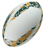 A rugby ball with white, green, and gold geometric patterns, featuring logos and text imprinted on the surface. This Australia Wallabies Supporters Ball by Gilbert boasts a synthetic latex bladder for superior durability.