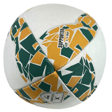 A vibrant Australia Wallabies Supporters Ball by Gilbert with a white, green, and yellow geometric pattern labeled "Supporter" and "Size 5" on its surface, featuring a synthetic latex bladder for enhanced durability.