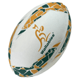 An Australia Wallabies Supporters Ball by Gilbert with a white background, featuring green and gold patterns, the word "Wallabies," and a kangaroo logo. Perfect for Wallabies supporters, this ball also includes a durable synthetic latex bladder for optimal performance.