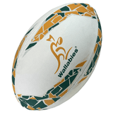 An Australia Wallabies Supporters Ball by Gilbert with a white background, featuring green and gold patterns, the word "Wallabies," and a kangaroo logo. Perfect for Wallabies supporters, this ball also includes a durable synthetic latex bladder for optimal performance.