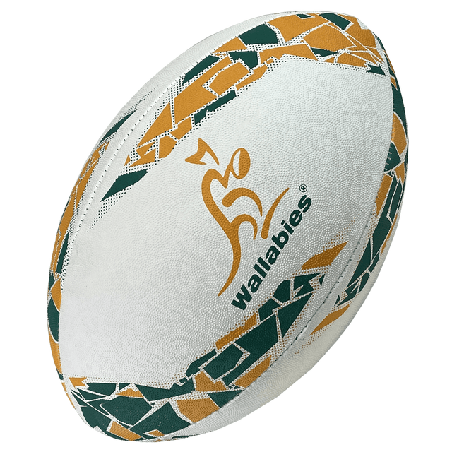 An Australia Wallabies Supporters Ball by Gilbert with a white background, featuring green and gold patterns, the word "Wallabies," and a kangaroo logo. Perfect for Wallabies supporters, this ball also includes a durable synthetic latex bladder for optimal performance.