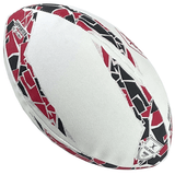 The Rugby Canada Supporters Ball by Gilbert is a white rugby ball adorned with red and black geometric patterns, featuring the "Canterbury" and "Gilbert" logos—perfect for any Rugby Canada supporter.