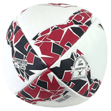 A red, black, and white patchwork Rugby Canada Supporters Ball with geometric patterns. Labels on the supporter ball read "SUPPORTER" and "GILBERT" along with certification information.