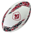 The Rugby Canada Supporters Ball by Gilbert is a white rugby ball adorned with red and black geometric patterns, featuring a logo with a maple leaf and the word "RUGBY," making it perfect for any Rugby Canada supporter.