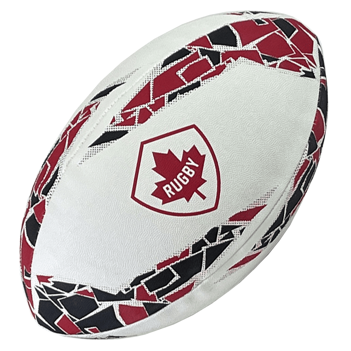 The Rugby Canada Supporters Ball by Gilbert is a white rugby ball adorned with red and black geometric patterns, featuring a logo with a maple leaf and the word "RUGBY," making it perfect for any Rugby Canada supporter.