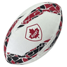 The Rugby Canada Supporters Ball by Gilbert is a white rugby ball adorned with red and black geometric patterns, featuring a logo with a maple leaf and the word "RUGBY," making it perfect for any Rugby Canada supporter.