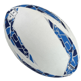 A white rugby ball with blue and black geometric patterns on the edges, officially known as the Samoa Supporters Ball by Gilbert.