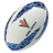 A white rugby ball with blue geometric patterns and "MANU SAMOA" text, featuring a red ginger flower logo in the center, this Samoa Supporters Ball by Gilbert is perfect for Samoa supporters.
