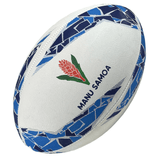 A white rugby ball with blue geometric patterns and "MANU SAMOA" text, featuring a red ginger flower logo in the center, this Samoa Supporters Ball by Gilbert is perfect for Samoa supporters.