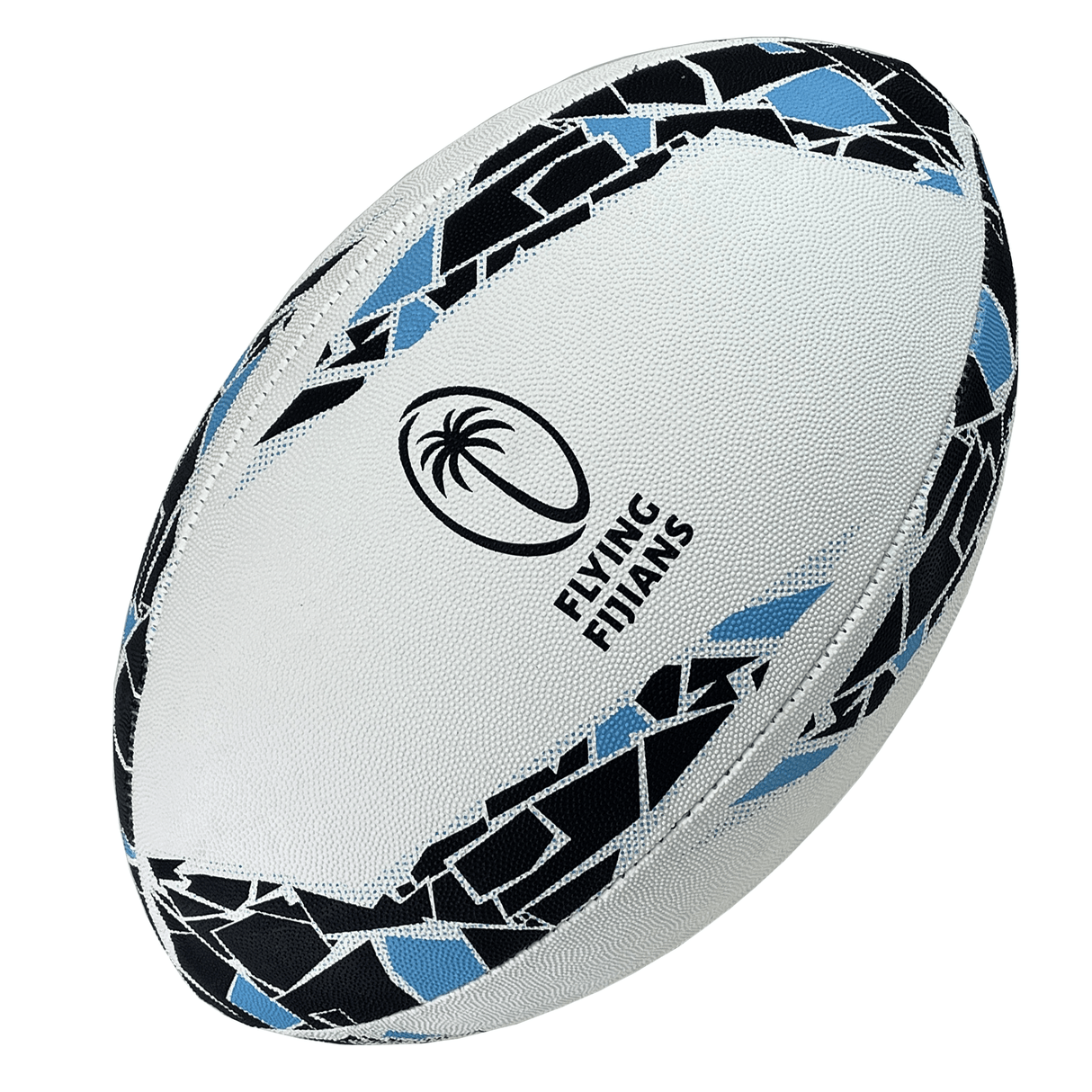 A white Gilbert Fiji Supporters Ball by Gilbert with geometric patterns in black and blue. It features a logo with a palm tree and the text "Flying Fijians," perfect for any Fiji Supporters Ball collection. Crafted with a durable synthetic latex bladder for optimal performance.