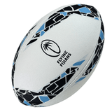 A white Gilbert Fiji Supporters Ball by Gilbert with geometric patterns in black and blue. It features a logo with a palm tree and the text "Flying Fijians," perfect for any Fiji Supporters Ball collection. Crafted with a durable synthetic latex bladder for optimal performance.