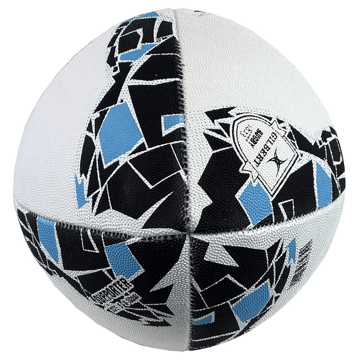 A Fiji Supporters Ball by Gilbert with a white background featuring abstract black and light blue geometric patterns and text indicating it's an official 29.5" Game Ball, designed with the precision of a Gilbert rugby ball's synthetic latex bladder for superior performance.