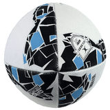A Fiji Supporters Ball by Gilbert with a white background featuring abstract black and light blue geometric patterns and text indicating it's an official 29.5" Game Ball, designed with the precision of a Gilbert rugby ball's synthetic latex bladder for superior performance.