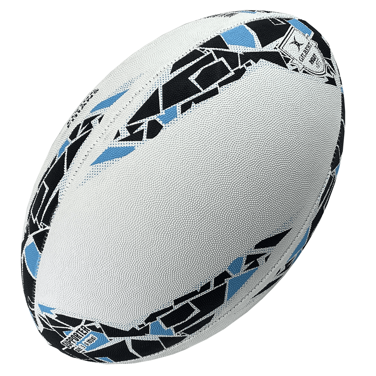 A close-up view of a white Fiji Supporters Ball by Gilbert with black and blue geometric patterns, featuring a synthetic latex bladder for optimal performance.