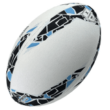 A close-up view of a white Fiji Supporters Ball by Gilbert with black and blue geometric patterns, featuring a synthetic latex bladder for optimal performance.