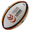 The Gilbert British and Irish Lions Series 2025 Replica Ball features "Qatar Airways Lions Men's Series Australia 2025" branding and orange, black, and white designs—ideal for fans of the 2025 series.