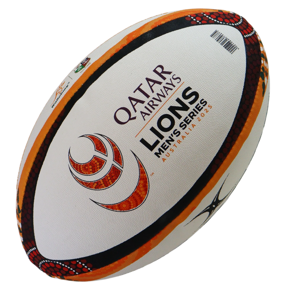 The Gilbert British and Irish Lions Series 2025 Replica Ball features "Qatar Airways Lions Men's Series Australia 2025" branding and orange, black, and white designs—ideal for fans of the 2025 series.